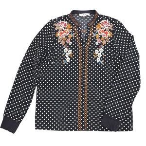 THML Navy White Polka Dot Floral Embroidered Ruffle Shoulder Blouse Size Small